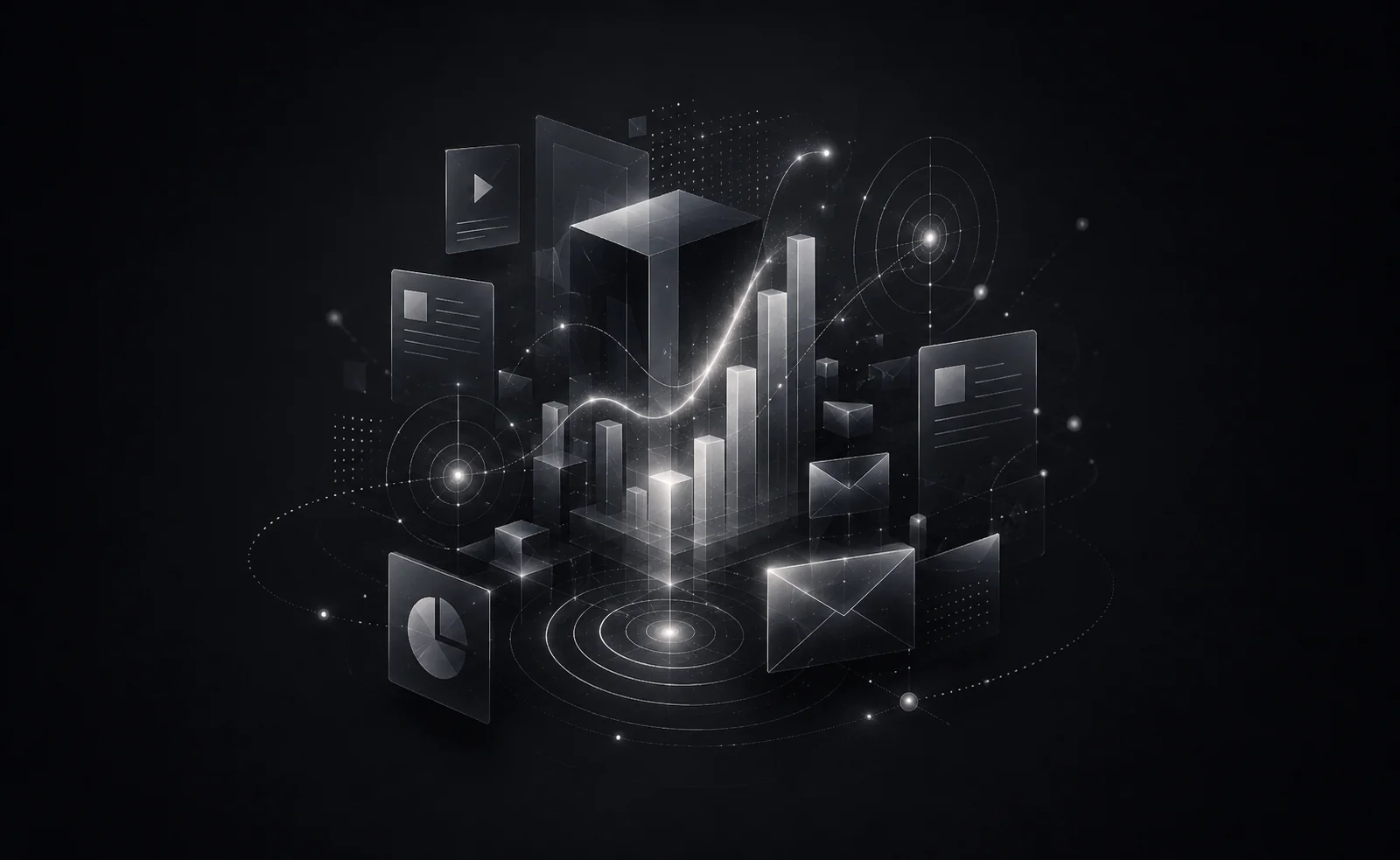 A rising performance curve surrounded by campaign and reporting signals