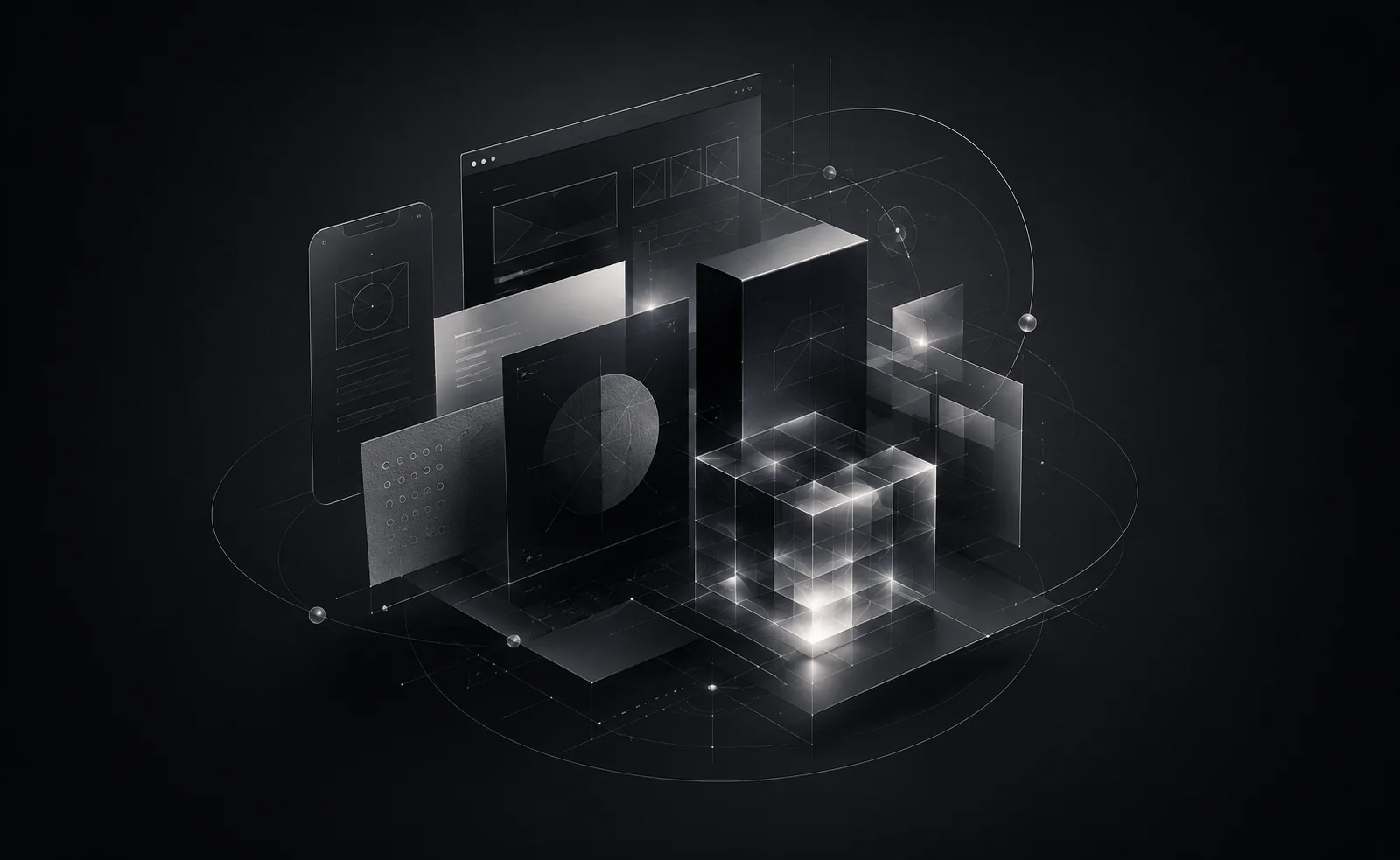Isometric wireframes and device layouts assembling into a clear interface